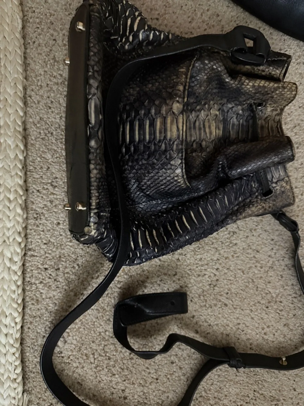 Black Python-Texture Drawstring Satchel - Picture 3 of 6